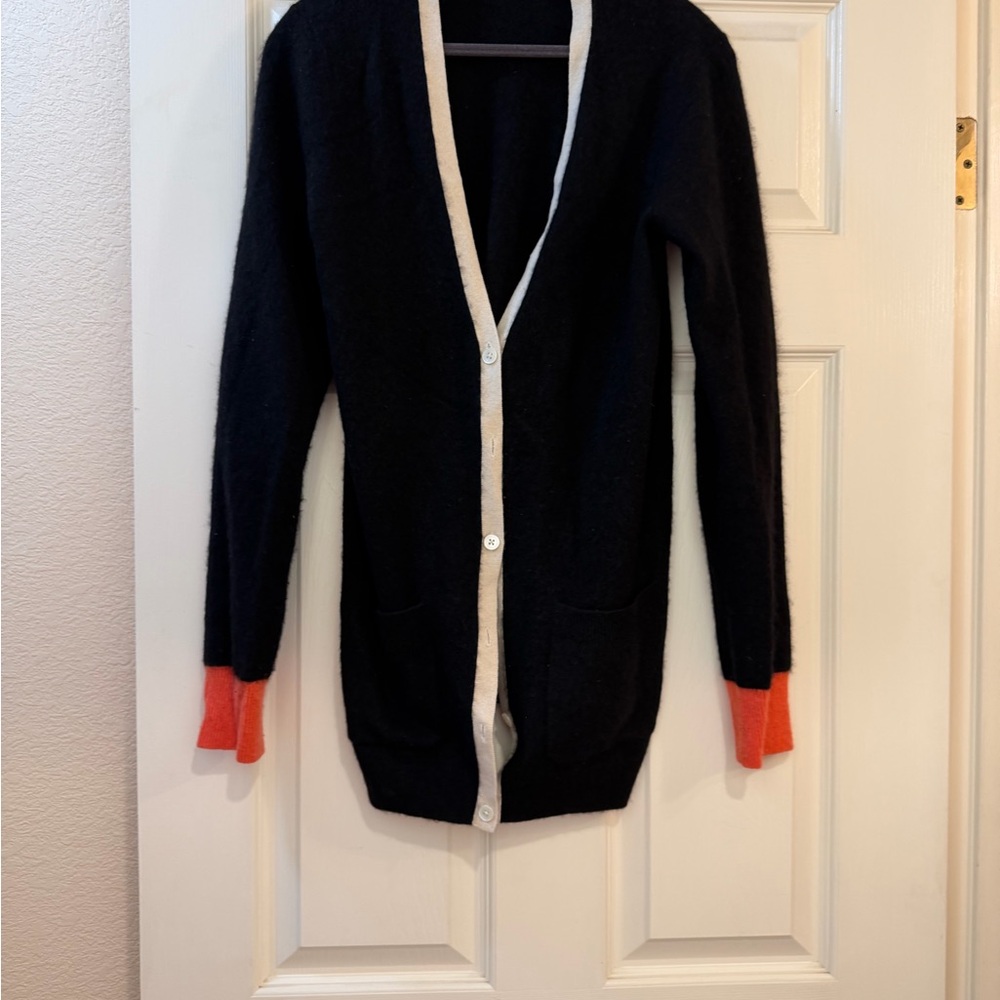 Equipment Black Cardigan with Red Cuffs and White Trim